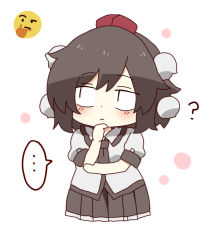 Rule 34 | ..., 1girl, ?, black hair, black neckwear, black skirt, blush, closed mouth, collared shirt, commentary request, dress shirt, emoji, looking away, looking to the side, pleated skirt, puffy short sleeves, puffy sleeves, shameimaru aya, shirt, short sleeves, simple background, skirt, solo, spoken ellipsis, thinking emoji, totoharu (kujirai minato), touhou, white background, white shirt