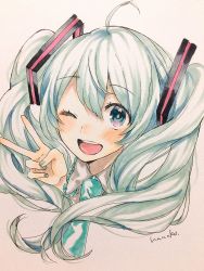 Rule 34 | 1girl, ;d, aqua necktie, artist name, blue eyes, blue hair, blue nails, blush, close-up, collared shirt, commentary request, fingernails, grey shirt, hair between eyes, hanako151, happy, hatsune miku, highres, long hair, looking at viewer, marker (medium), nail polish, necktie, one eye closed, open mouth, shirt, simple background, smile, solo, teeth, traditional media, twintails, upper body, upper teeth only, v, vocaloid, white background