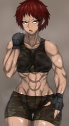 Rule 34 | 1girl, abs, breasts, female focus, gloves, gym uniform, highres, large breasts, looking to the side, military, military uniform, muscular, muscular arms, muscular female, original, red hair, sandra (zokusuke), short hair, solo, sweat, tan, uniform, yellow eyes, zokusuke