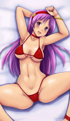 Rule 34 | 1girl, armpits, arms up, asamiya athena, bikini, blush, bow, breasts, cameltoe, cleavage, collar, hair bow, happy, highres, large breasts, long hair, looking at viewer, lying, navel, open mouth, psycho soldier, purple eyes, purple hair, red bikini, smile, snk, spread legs, sweat, swimsuit, the king of fighters, thick thighs, thighs, tsumitani daisuke