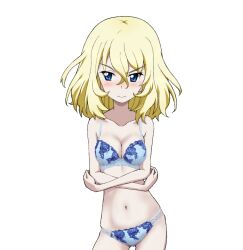 Rule 34 | 1girl, blonde hair, blue bra, blue eyes, blue panties, blush, bra, breasts, cleavage cutout, closed mouth, clothing cutout, commentary request, commission, cowboy shot, crossed arms, embroidered bra, embroidered panties, frown, girls und panzer, kayabakoro, looking at viewer, medium breasts, medium hair, messy hair, navel, oshida (girls und panzer), pale skin, panties, partial commentary, pixiv commission, simple background, solo, standing, underwear, underwear only, white background