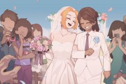 Rule 34 | 1boy, 5girls, amphibia, anne boonchuy, beach, blonde hair, blue flower, blue rose, bouquet, breasts, bridal veil, bride, brown hair, camera, caroro117, ceremony, clapping, cleavage, closed eyes, couple, dark-skinned female, dark skin, dress, faceless, flower, flower ornament, formal, happy, highres, holding, holding bouquet, jewelry, multiple girls, necktie, open mouth, petals, pink flower, pink rose, ribbon, ring, rose, sasha waybright, short hair, smile, suit, teeth, veil, wedding, wedding dress, wedding ring, white dress, white suit, wife and wife, yellow flower, yellow rose, yuri