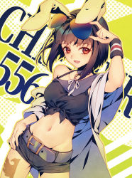 Rule 34 | 1girl, adjusting eyewear, aluce, animal ears, bad id, bad pixiv id, bare shoulders, belly, belt, black hair, black shorts, chiester556, eyewear on head, unworn eyewear, glowing, hand on eyewear, hand on own hip, happy, looking at viewer, looking to the side, navel, necktie, open mouth, rabbit ears, red eyes, short hair, shorts, smile, solo, standing, sunglasses, sunglasses on head, sweatband, tattoo, umineko no naku koro ni, yellow background