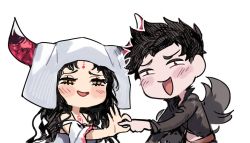 Rule 34 | 1boy, 1girl, bare shoulders, belial (granblue fantasy), black hair, chibi, crossover, detached sleeves, facial mark, fate/grand order, fate (series), forehead mark, granblue fantasy, horns, idk-kun, long hair, penetration gesture, sessyoin kiara, simple background, smile, trait connection, veil, white background, yellow eyes