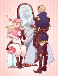 Rule 34 | 2boys, ^ ^, armor, blonde hair, boots, cape, clapping, closed eyes, dress, drill hair, embarrassed, endy, father and son, fire emblem, fire emblem fates, forrest (fire emblem), gloves, greaves, hat, high collar, leo (fire emblem), male focus, mirror, mirror image, multiple boys, nintendo, pink background, pink hat, reflection, sitting, smile, standing, unworn dress