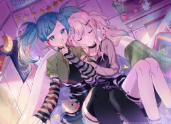 Rule 34 | 2girls, bath, bathroom, bathtub, black choker, black thighhighs, blue eyes, choker, closed eyes, colored inner hair, crescent, detached sleeves, finger to mouth, hair ornament, hatsune miku, head on another&#039;s shoulder, highres, indoors, leo/need miku, looking at viewer, multicolored hair, multiple girls, no seek no find (project sekai), official alternate costume, omutatsu, partially submerged, phenny (project sekai), project sekai, rubber duck, safety pin, star (symbol), star hair ornament, studded choker, stuffed animal, stuffed penguin, stuffed toy, tenma saki, thigh strap, thighhighs, twintails, vocaloid, x hair ornament