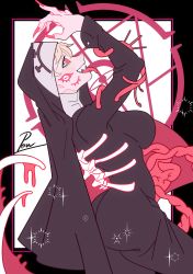 Rule 34 | 1girl, absurdres, bone, colored sclera, double (skullgirls), extra eyes, fingernails, from side, highres, long fingernails, monster, monster girl, nun, open mouth, pow3776, red eyes, red sclera, ribs, sharp teeth, skeleton, skullgirls, smile, solo, sparkle, teeth, tongue, tongue out
