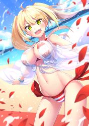Rule 34 | 1girl, ahoge, beach, bikini, blonde hair, blurry, blurry background, blush, breasts, cleavage, commentary request, day, dutch angle, earrings, fate/grand order, fate (series), green eyes, hair intakes, halterneck, highres, jewelry, large breasts, long hair, looking at viewer, navel, nero claudius (fate), nero claudius (fate) (all), nero claudius (swimsuit caster) (fate), nero claudius (swimsuit caster) (third ascension) (fate), ocean, outdoors, oyaji-sou, petals, sand, smile, solo, striped bikini, striped clothes, swimsuit, teeth, twintails, water