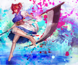 Rule 34 | 1girl, ajishio, bare legs, barefoot, breasts, coin, female focus, gradient background, hair bobbles, hair ornament, large breasts, obi, onozuka komachi, outstretched hand, paint splatter, red eyes, red hair, sash, scythe, short twintails, solo, touhou, twintails, two side up