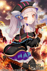Rule 34 | 1girl, :d, animal ears, bell, black hat, black thighhighs, blue skirt, bow, brown footwear, cat ears, copyright name, grand sphere, gun, hair bow, hat, holding, holding gun, holding weapon, jingle bell, kuroi nyan, long hair, looking at viewer, official art, open mouth, outdoors, parted lips, red eyes, skirt, smile, standing, standing on one leg, thighhighs, watermark, weapon, white hair