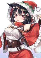 Rule 34 | 1girl, :d, absurdres, animal ears, arm up, armpits, azur lane, bad id, bad pixiv id, bare shoulders, belt, belt skirt, black hair, blush, bobblehat, breasts, corset, eyelashes, fang, floral print, flower, gradient background, hair flower, hair ornament, hat, highres, holding, holding sack, long sleeves, looking at viewer, medium breasts, open mouth, pom pom (clothes), red eyes, red hat, red scarf, red skirt, sack, scarf, short hair, skirt, smile, solo, star (symbol), sweater, white background, white sweater, yamashiro (azur lane), yamashiro (holiday offensive) (azur lane), yayoichi (yoruyoru108)