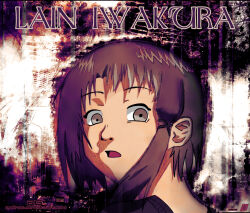 Rule 34 | brown eyes, brown hair, hair ornament, highres, iwakura lain, looking back, open mouth, portrait, purple shirt, serial experiments lain, serial experiments lain (psx), shirt, tagme, text background, watermark, x hair ornament