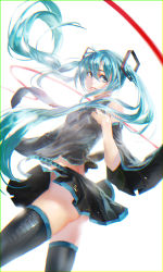 Rule 34 | 1girl, aqua eyes, aqua hair, ass, baraba baba, bare shoulders, detached sleeves, dutch angle, from below, hair between eyes, hatsune miku, highres, long hair, looking back, necktie, skirt, solo, tattoo, thighhighs, thighs, twintails, vocaloid, wide sleeves