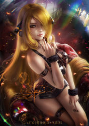 Rule 34 | 1girl, axsen, bare shoulders, black nails, blonde hair, breasts, chair, commentary, creatures (company), crossed legs, cynthia (pokemon), english commentary, eyelashes, fishnet thighhighs, fishnets, fur cuffs, game freak, hair ornament, hair over one eye, hand up, heart, highres, long hair, looking at viewer, nail polish, nintendo, parted lips, pokemon, pokemon dppt, signature, single thighhigh, sitting, solo, teeth, thighhighs, twisted torso, very long hair, watermark, web address, yellow eyes