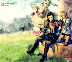 Rule 34 | 2boys, 2girls, black hair, blonde hair, boots, chemist (fft), day, delita heiral, field, final fantasy, final fantasy tactics, flying, grass, knee boots, knee pads, kneeling, monster, mos, multiple boys, multiple girls, outdoors, plant, ramza beoulve, rock, short hair, traditional media, white mage (final fantasy)