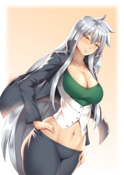 Rule 34 | 1girl, breasts, collared shirt, genderswap, genderswap (mtf), hand on own hip, haryudanto, high school dxd, jacket, large breasts, long hair, long sleeves, looking at viewer, navel, open clothes, open jacket, shirt, silver hair, smile, solo, vali lucifer, very long hair, white shirt, yellow eyes