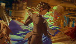 Rule 34 | bare shoulders, blue dress, blue eyes, bracelet, brown hair, closed eyes, couple, cowboy shot, dancing, dress, earrings, elbow gloves, formal, gloves, gundam, gundam wing, heero yuy, hetero, highres, jewelry, light brown hair, lilithbloody, long hair, looking at another, necklace, off shoulder, pearl necklace, relena peacecraft, suit, white gloves