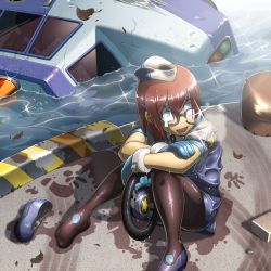 Rule 34 | 1girl, blue eyes, blush, breath, brown hair, capcom, cold, denise marmalade (mega man), glasses, gloves, hat, mega man (series), mega man legends (series), napo, open mouth, pantyhose, police, police uniform, shiny clothes, shiny skin, short hair, sitting, skirt, smile, solo, steering wheel, tears, the misadventures of tron bonne, uniform, vehicle, water, wavy mouth, wet, wet clothes, wet hair