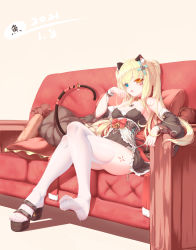 Rule 34 | 1girl, absurdres, animal ear fluff, animal ears, bare shoulders, bell, black dress, blonde hair, blue eyes, bow, breasts, cat ears, cat girl, cat tail, choker, couch, detached sleeves, dress, facial mark, feet, frilled dress, frills, full body, hand up, heart, heterochromia, highres, jingle bell, looking at viewer, medium breasts, on couch, open mouth, original, paw pose, pillow, pink bow, pointy ears, red bow, red choker, red dress, red ribbon, revision, ribbon, sandals, seelehan, sitting, slit pupils, soles, solo, strapless, strapless dress, tail, thighhighs, thighs, toes, wet, wet clothes, white thighhighs, wide sleeves, yellow eyes
