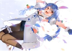 Rule 34 | 1girl, absurdres, animal ears, arm up, armpits, black leotard, blue hair, blush, bow, bowtie, braid, buttons, carrot hair ornament, confetti, don-chan (usada pekora), flat chest, food-themed hair ornament, fur collar, fur trim, gloves, gradient background, hair bow, hair ornament, highleg, highleg leotard, highres, hololive, leotard, leotard under clothes, long hair, looking at viewer, multicolored hair, open mouth, orange hair, pantyhose, pom pom (clothes), puffy short sleeves, puffy sleeves, rabbit tail, scan, short sleeves, simple background, tail, teeth, thigh strap, twin braids, twintails, two-tone hair, upper teeth only, usada pekora, usada pekora (1st costume), virtual youtuber, white hair, yuuki hagure