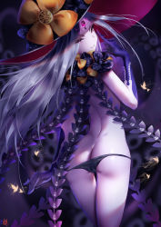 Rule 34 | abigail williams (fate), abigail williams (third ascension) (fate), ass, bare back, black gloves, black hat, black panties, butt crack, elbow gloves, fate/grand order, fate (series), finger to mouth, from behind, gloves, hat, highres, index finger raised, keyhole, long hair, looking back, lowleg, lowleg panties, nolmo, pale skin, panties, panty pull, pulling own clothes, red eyes, silver hair, smile, solo, thigh gap, thighs, third eye, topless, underwear, very long hair, witch hat