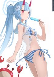 Rule 34 | 1girl, arm support, babydoll, bag, bare arms, bikini, blue archive, blue hair, blunt bangs, blush, breasts, butt crack, chise (blue archive), chise (swimsuit) (blue archive), closed mouth, deca purio, flower, groin, hair flower, hair ornament, halo, halterneck, hand on own thigh, horns, leaning to the side, long hair, looking at viewer, navel, red eyes, red horns, sailor collar, see-through, shoulder bag, side-tie bikini bottom, side ponytail, simple background, sitting, small breasts, smile, solo, stomach, string bikini, striped bikini, striped clothes, swimsuit, two-tone bikini, very long hair, white background, white flower, white sailor collar