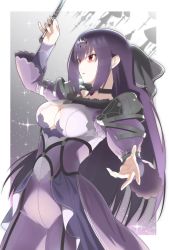 Rule 34 | 1girl, armor, bodysuit, breasts, castle, cleavage cutout, clothing cutout, fate/grand order, fate (series), feather trim, fur trim, hair between eyes, headpiece, highres, holding, holding wand, large breasts, purple hair, red eyes, ryotarou (seyana), scathach (fate), scathach skadi (fate), scathach skadi (second ascension) (fate), shoulder armor, sideboob, solo, tiara, upside-down, wand