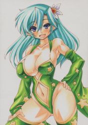 Rule 34 | 1990s (style), 1girl, aqua hair, bad anatomy, blue eyes, breasts, bridal gauntlets, cleavage, clothing cutout, curvy, detached sleeves, final fantasy, final fantasy iv, green thighhighs, hair ornament, hand on own hip, hand on thigh, large breasts, leotard, looking at viewer, navel, navel cutout, open mouth, retro artstyle, revealing clothes, rydia (ff4), simple background, smile, solo, thighhighs, traditional media, uneven eyes, white background, yutakasan-love