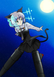 Rule 34 | 00s, 1girl, animal ears, antennae, black pantyhose, cat ears, cat girl, cat tail, female focus, green eyes, highres, hirschgeweih antennas, hisou noa, moon, necktie, outdoors, pantyhose, sanya v. litvyak, short hair, silver hair, sky, smile, solo, star (sky), star (symbol), starry sky, strike witches, striker unit, tail, uniform, world witches series