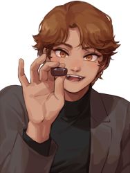 Rule 34 | 1boy, brown eyes, brown hair, chocolate, coat, commentary, english commentary, food, halogenkn, highres, holding, holding chocolate, holding food, long sleeves, male focus, original, simple background, upper body, white background