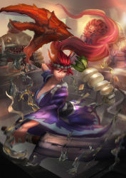 Rule 34 | 1boy, 1girl, akali, akali (legacy), alternate costume, alternate hair color, breasts, butter, cglas, cleavage, colored sclera, cooking, facial hair, fish, food, fork, gragas, hairband, hat, indoors, knife, large breasts, league of legends, lobster claw, long hair, motion blur, open mouth, ponytail, radish, red eyes, red hair, sashimi akali, standing, tahm kench, very long hair, wide sleeves, yellow sclera