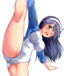 Rule 34 | 1girl, arm support, ass, blush, breasts, brown eyes, commentary request, covered erect nipples, covered navel, gym uniform, gymnastics, hair between eyes, hairband, highres, holding, kantai collection, kneepits, large breasts, leg up, leotard, long hair, long sleeves, looking at viewer, navel, one eye closed, open mouth, purple hair, rhythmic gymnastics, simple background, solo, split, spread legs, standing, standing on one leg, sweat, thighs, ushio (kancolle), white background, white leotard, zanntetu