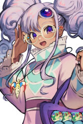 Rule 34 | 1girl, absurdres, akimachi, dark-skinned female, dark skin, dress, eyelashes, forehead jewel, glasses, highres, jewelry, long hair, long sleeves, looking at viewer, meredy (tales), necklace, open mouth, purple eyes, purple hair, round eyewear, smile, solo, tales of (series), tales of eternia, twintails, upper body, white background