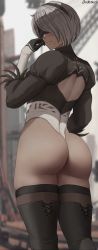 Rule 34 | 1girl, 2b (nier:automata), absurdres, artist name, ass, back cutout, blindfold, blurry, blurry background, blush, boots, closed mouth, clothing cutout, commentary, feather trim, from behind, gloves, grey hair, hairband, heattech leotard, highleg, highleg leotard, highres, holding, leotard, long sleeves, looking back, mole, mole under mouth, nier:automata, nier (series), oroborus, puffy sleeves, signature, simple background, solo, thigh boots, thighhighs, thighs, turtleneck