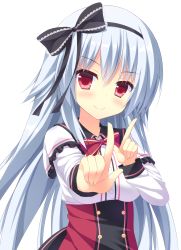 Rule 34 | 10s, 1girl, absurdres, black hairband, black ribbon, blue hair, blush, bow, bowtie, breasts, closed mouth, collared shirt, dress shirt, fingernails, grey background, hair between eyes, hair ribbon, hairband, hand up, head tilt, highres, index finger raised, koi dance, lace-trimmed bow, lace trim, layered clothes, long hair, long sleeves, looking at viewer, medium breasts, minatsuki kou, narumi toa, outstretched arm, red bow, red bowtie, red eyes, ribbon, school uniform, shirt, simple background, smile, solo, striped bow, striped bowtie, striped clothes, striped neckwear, striped shirt, underbust, upper body, wagamama high spec