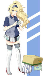 Rule 34 | 1girl, alternate hairstyle, bad id, bad nicoseiga id, black thighhighs, blonde hair, blush, boots, box, breasts, cross-laced footwear, enemy lifebuoy (kancolle), full body, gambier bay (kancolle), gudon (iukhzl), hair between eyes, headband, high heel boots, high heels, kantai collection, lace-up boots, lawson, medium breasts, miniskirt, open mouth, pocket, ponytail, scanner, shoes, skirt, smile, standing, thigh boots, thighhighs, uniform, white footwear