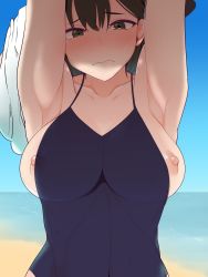 Rule 34 | 1girl, absurdres, armpits, banned artist, beach, blue sky, blush, breasts, brown eyes, brown hair, day, hekiga (freelot), highres, large breasts, nipples, ocean, one-piece swimsuit, one breast out, school swimsuit, sky, solo, swimsuit, touhou, usami renko