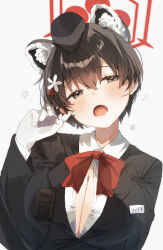 Rule 34 | 1girl, :o, animal ears, black hair, black jacket, blazer, blue archive, bow, bowtie, breasts, cleavage, extra ears, garrison cap, gloves, halo, hat, head tilt, higa (gominami), highres, jacket, large breasts, name tag, official alternate costume, raccoon ears, red bow, red bowtie, saliva, shirt, short hair, simple background, sleepy, solo, tears, tsubaki (blue archive), tsubaki (guide) (blue archive), upper body, white background, white gloves, white shirt