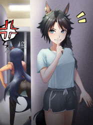 Rule 34 | 2girls, puff of air, ahoge, anger vein, angry, animal ears, arm at side, ass, asymmetrical hair, bare arms, black hair, black pants, blue eyes, blue hair, blurry, blurry background, breasts, ceiling, ceiling light, clothing cutout, collarbone, commentary request, ear ornament, eyelashes, finger to mouth, fingernails, fuji kiseki (umamusume), grey hair, grin, gym shorts, hand up, hiding, highres, hishi amazon (umamusume), horse ears, horse girl, horse tail, indoors, leaning forward, legs apart, light blush, long hair, looking at viewer, medium breasts, medium hair, multicolored hair, multiple girls, nitoromanbo, pants, shirt, short sleeves, shorts, shushing, sleeves rolled up, smile, spoken anger vein, standing, t-shirt, tail, tail through clothes, tan, taut clothes, taut shirt, two-tone hair, umamusume, very long hair, yoga pants