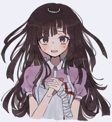 Rule 34 | 1girl, apron, bandaged arm, bandages, blunt ends, blush, collared shirt, commentary, cropped torso, danganronpa (series), danganronpa 2: goodbye despair, eyelashes, hands on own chest, long hair, looking at viewer, messy hair, mikomi (90m5x), mole, mole under eye, nervous sweating, puffy short sleeves, puffy sleeves, purple eyes, purple hair, purple shirt, shirt, short sleeves, sidelocks, simple background, smile, solo, sweat, tsumiki mikan, white apron, white background