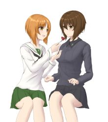 Rule 34 | 2girls, black neckerchief, black skirt, blouse, blush, brown eyes, brown hair, closed mouth, commentary, dress shirt, feeding, food, fork, fruit, girls und panzer, green skirt, grey shirt, holding, holding fork, insignia, invisible chair, kurocat0701, kuromorimine school uniform, leaning to the side, light frown, long sleeves, looking at another, miniskirt, multiple girls, neckerchief, nishizumi maho, nishizumi miho, ooarai school uniform, open mouth, pleated skirt, sailor collar, school uniform, serafuku, shirt, short hair, siblings, side-by-side, simple background, sisters, sitting, skirt, smile, strawberry, white background, white sailor collar, white shirt, wing collar
