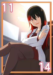 Rule 34 | 1girl, absurdres, chair, collarbone, commentary request, crossed arms, crossed legs, dated, doctor, from below, hair between eyes, highres, holding, holding syringe, lab coat, light, long hair, looking at viewer, looking down, love live!, love live! nijigasaki high school idol club, mifune kaoruko, monitor, multicolored hair, november, open mouth, orange eyes, pantyhose, red shirt, screen light, shirt, sitting, smile, solo, stethoscope, syringe, two-tone hair, zasshoku ojisan