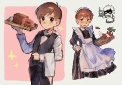 Rule 34 | 1boy, alcohol, alternate costume, angry, apron, blush, bow, bowtie, brown eyes, brown hair, butler, chilchuck tims, crossdressing, dungeon meshi, embarrassed, enmaided, food, frills, halfling, highres, large ears, maid, maid apron, maid headdress, male maid, meat, napkin, omelettesyrup, pink background, shaded face, short hair, sleeve cuffs, sparkle, sweat, vest, white background, wine