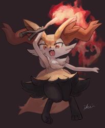 Rule 34 | 1girl, animal ear fluff, animal ears, animal feet, animal hands, animal nose, arm up, artist name, black background, black fur, blush, body fur, braixen, creatures (company), derivative work, fang, female focus, fire, flat chest, fox ears, fox girl, fox tail, full body, furry, furry female, game freak, gen 6 pokemon, happy, highres, holding, holding stick, ikei, knees together feet apart, legs, light blush, looking at viewer, multicolored fur, neck fur, nintendo, open mouth, pigeon-toed, pokemon, pokemon (creature), pyrokinesis, red eyes, signature, simple background, smile, solo, standing, stick, tail, thighs, tongue, v-shaped eyebrows, white fur, yellow fur
