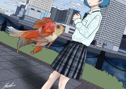 Rule 34 | 1girl, animal, blue bow, blue bowtie, blue hair, blue nails, bow, bowtie, chain-link fence, city, cityscape, cloud, cloudy sky, dutch angle, feet out of frame, fence, fish, floating, goldfish, grass, highres, hirt 5, original, outdoors, plaid, plaid skirt, pleated skirt, shirt, short hair, signature, skirt, sky, solo, water, white shirt