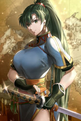 Rule 34 | 1girl, breasts, closed mouth, delsaber, dress, earrings, fingerless gloves, fingernails, fire emblem, fire emblem: the blazing blade, gloves, green eyes, green hair, hair ornament, high ponytail, highres, jewelry, large breasts, lips, long hair, looking at viewer, lyn (fire emblem), nintendo, ponytail, serious, sheath, sheathed, short sleeves, simple background, solo, sparkle, sword, weapon