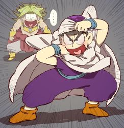 Rule 34 | ..., 10s, 2boys, blonde hair, bracelet, broly (cosplay), broly (dragon ball z), brothers, cape, cosplay, dragon ball, dragonball z, emphasis lines, grey background, heart, heart in mouth, jewelry, legendary super saiyan, male focus, matsuno jyushimatsu, matsuno karamatsu, multiple boys, muscular, necklace, open mouth, osomatsu-kun, osomatsu-san, osomatsu (series), outsuki, piccolo, piccolo (cosplay), removing hat, siblings, simple background, spiked hair, spoken ellipsis, super saiyan, trait connection, turban