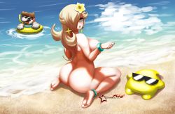 Rule 34 | 1boy, 1girl, absurdres, anklet, ass, awesomeerix, barefoot, beach, bead anklet, blonde hair, blue eyes, blush, bracelet, breasts, clothed male nude female, earrings, feet, flower, from behind, gloves, hair flower, hair ornament, hair over one eye, highres, innertube, jewelry, kneeling, large breasts, long hair, looking back, luma (mario), mario, mario (series), mario kart, mario kart tour, nintendo, nude, ocean, open mouth, rosalina, sitting, snorkle, star (symbol), star earrings, star print, sunglasses, super mario odyssey, swim ring, symbol-shaped pupils, toes, wariza, water
