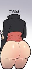 Rule 34 | 1girl, ass, blackwhiplash, boku no hero academia, bottomless, character name, cropped, curvy, from behind, highres, huge ass, jacket, jirou kyouka, shirt, simple background, solo, thick thighs, thighs, third-party edit, wide hips