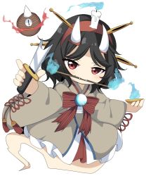 Rule 34 | 1other, androgynous, black hair, candle, chibi, fire, fire, ghost, ghost tail, hairband, highres, horns, japanese clothes, kimono, knife, lamp, len&#039;en, mouth hold, ougi hina, red eyes, short hair, solo, taira no chouki